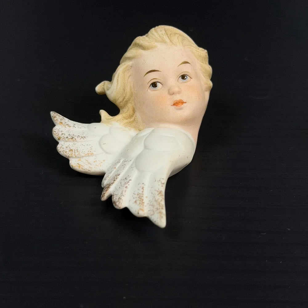 Vtg Lefton Wall Bisque Porcelain White Angel Cherub Set Gold Accent KW2342